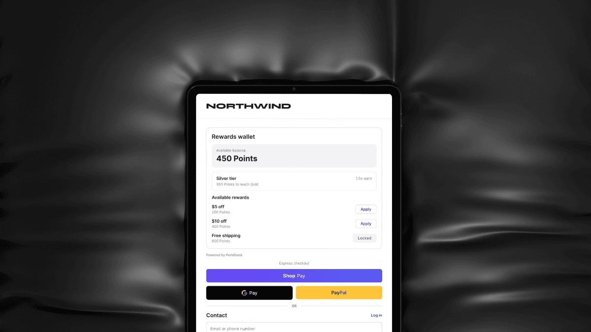 Shopify checkout showing a PerkStack rewards wallet with redeemable points